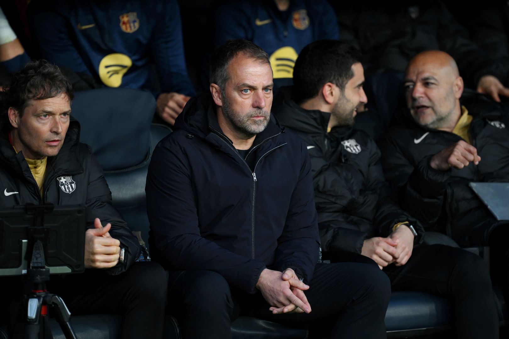 BARCELONA, SPAIN - MARCH 11: Hansi Flick, Head Coach of FC Barcelona, looks on prior to the UEFA Champions League 2024/25 UEFA Champions League 2024/25 Round of 16 Second Leg match between FC Barcelona and SL Benfica at Estadi Olímpic Lluís Companys on March 11, 2025 in Barcelona, Spain.