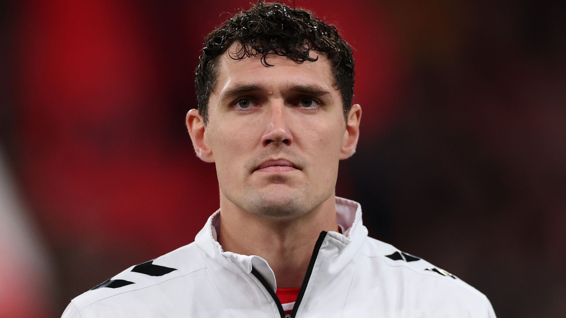 Andreas Christensen of Denmark stands for the national anthem prior to the FIFA World Cup 2026 qualifier match between Denmark and Belarus at Parken Stadium on November 15, 2025 in Copenhagen, Denmark.