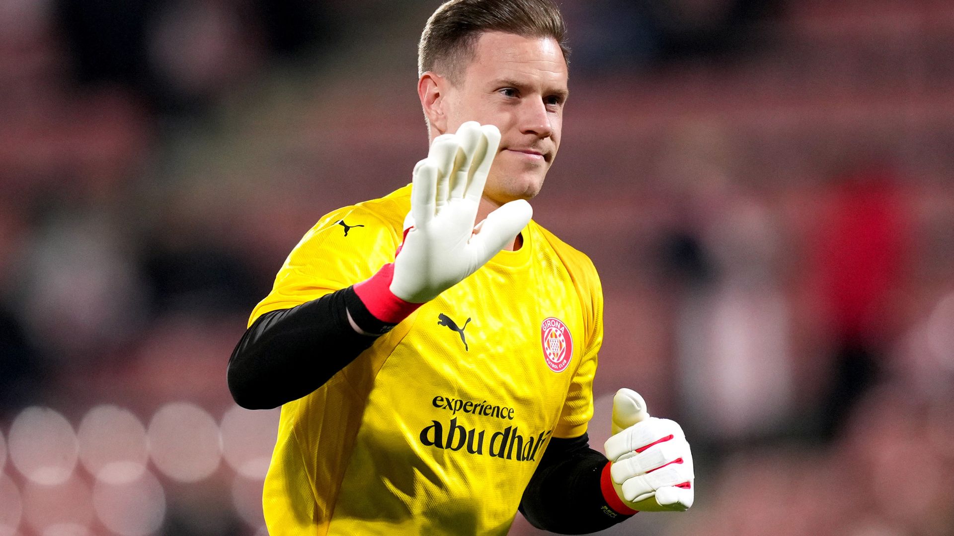 Marc-Andre ter Stegen of Girona FC warms up prior to the LaLiga EA Sports match between Girona FC and Getafe CF at Montilivi Stadium on January 26, 2026 in Girona, Spain.