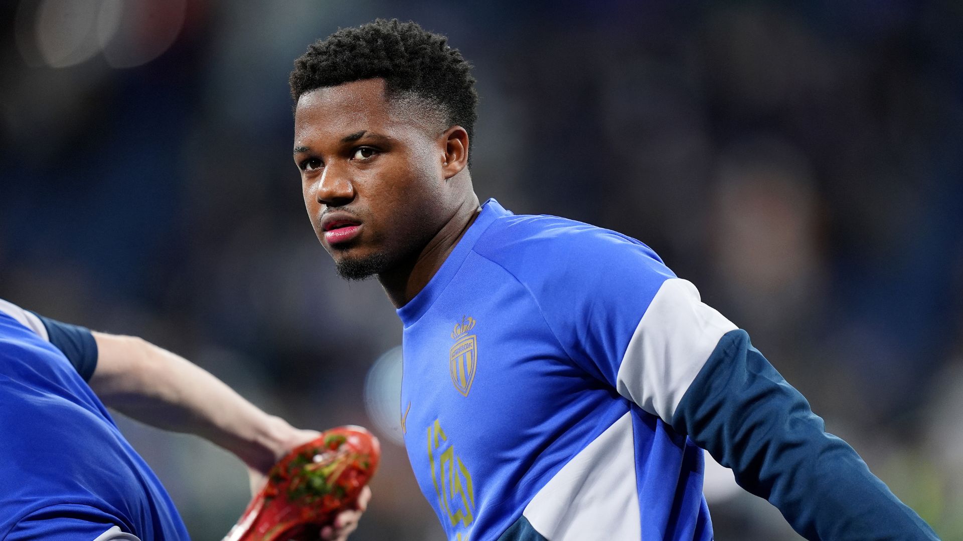 Ansu Fati of AS Monaco warms up prior to the UEFA Champions League 2025/26 League Phase MD7 match between Real Madrid C.F. and AS Monaco at Estadio Santiago Bernabeu on January 20, 2026 in Madrid, Spain.
