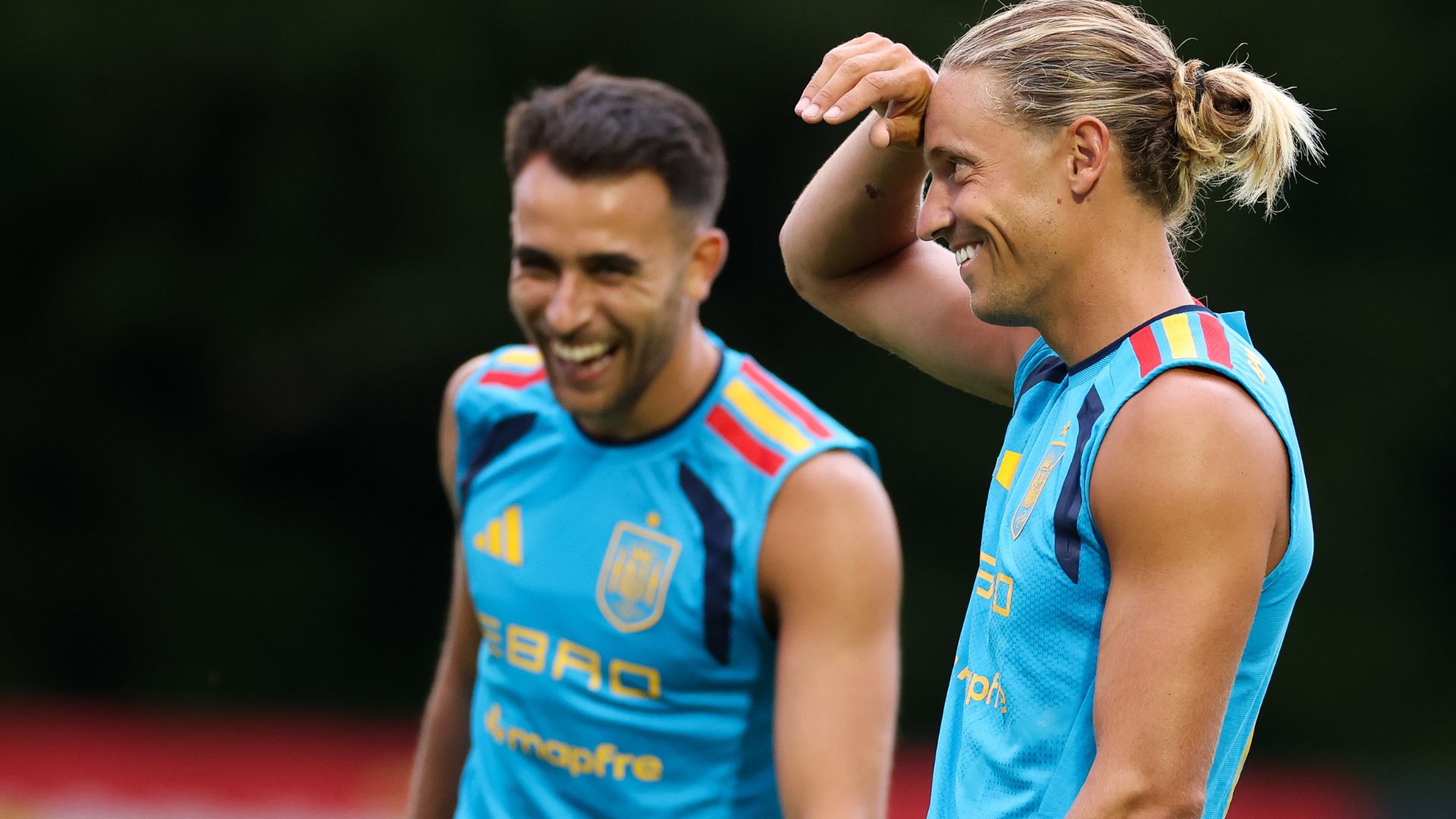 CHATTANOOGA, TENNESSEE - JUNE 22: Marcos Llorente and Eric Garcia of Spain react during the training at Baylor School on June 22, 2026 in Chattanooga, Tennessee.