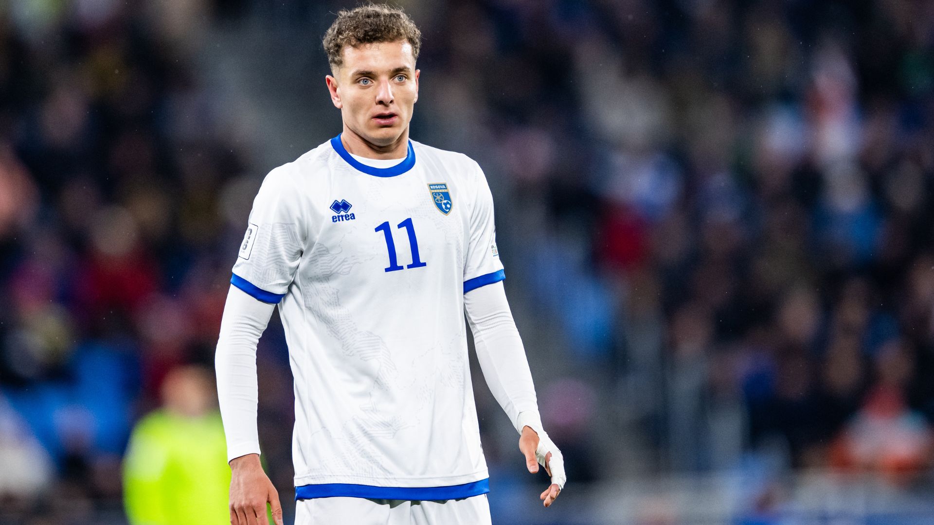 Fisnik Asllani of Kosovo reacts during the FIFA World Cup 2026 European Qualifiers KO play-offs match between Slovakia and Kosovo at Narodny futbalovy stadion on March 26, 2026 in Bratislava, Slovakia.