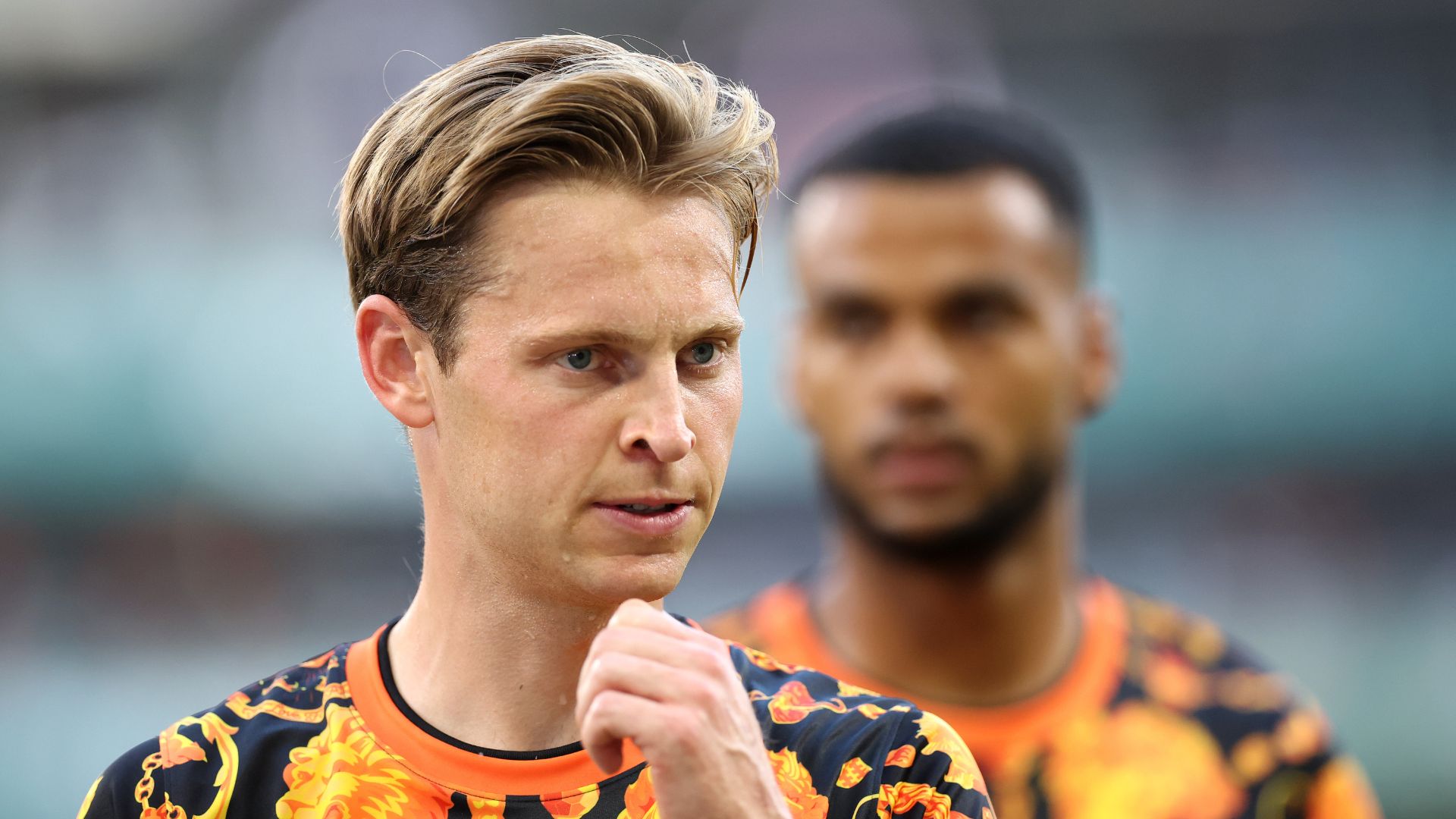 Frenkie de Jong #21 of Netherlands reacts as he warms up before the FIFA World Cup 2026 Round of 32 match between Netherlands and Morocco at Monterrey Stadium on June 29, 2026 in Guadalupe, Mexico.