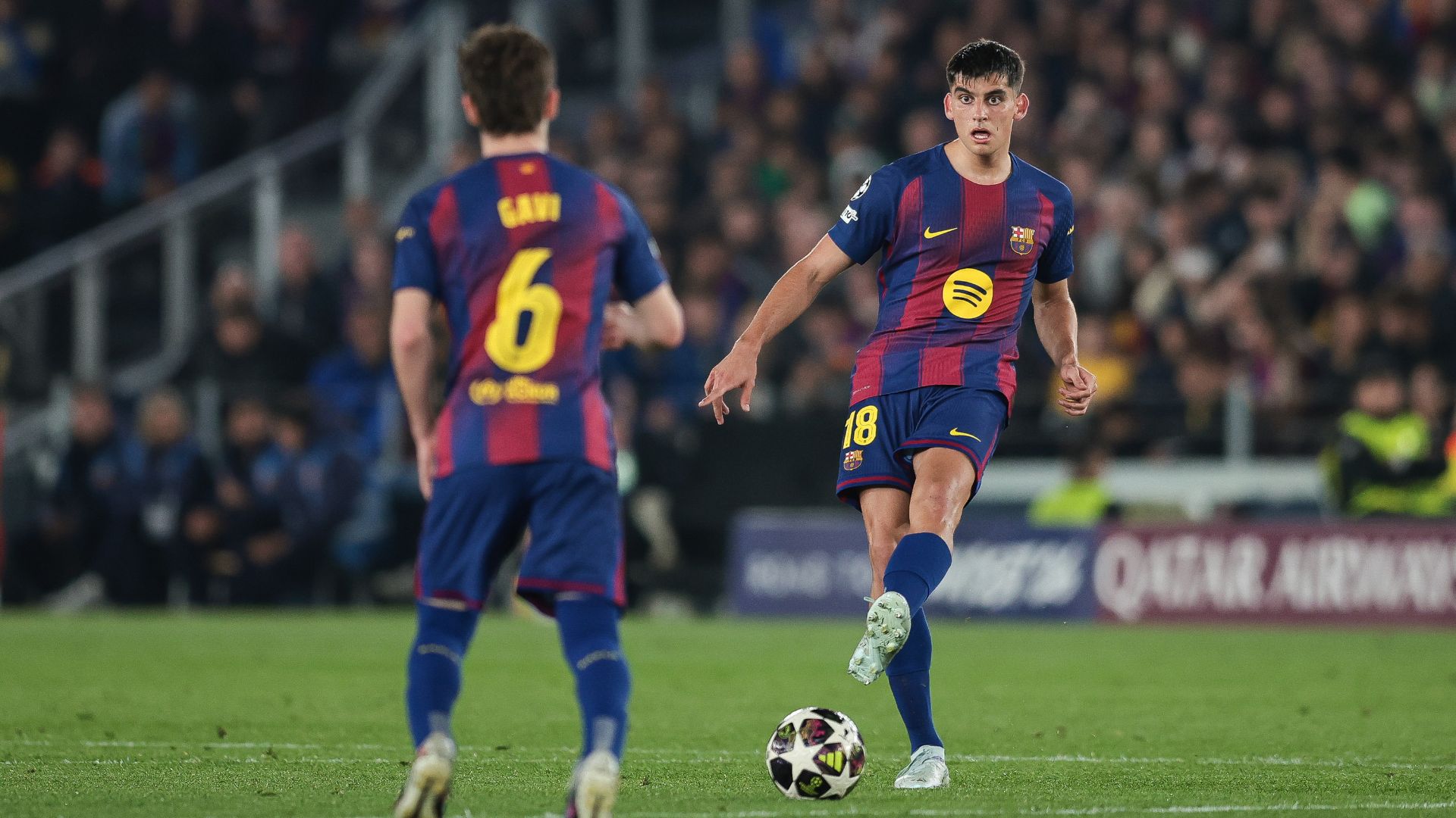 BARCELONA, SPAIN - APRIL 08: Gerard Martin of FC Barcelona pass the ball during the UEFA Champions League 2025/26 Quarter-Final First Leg match between FC Barcelona and Club Atlético de Madrid at Estadi Olimpic Lluis Companys on April 08, 2026 in Barcelona, Spain.