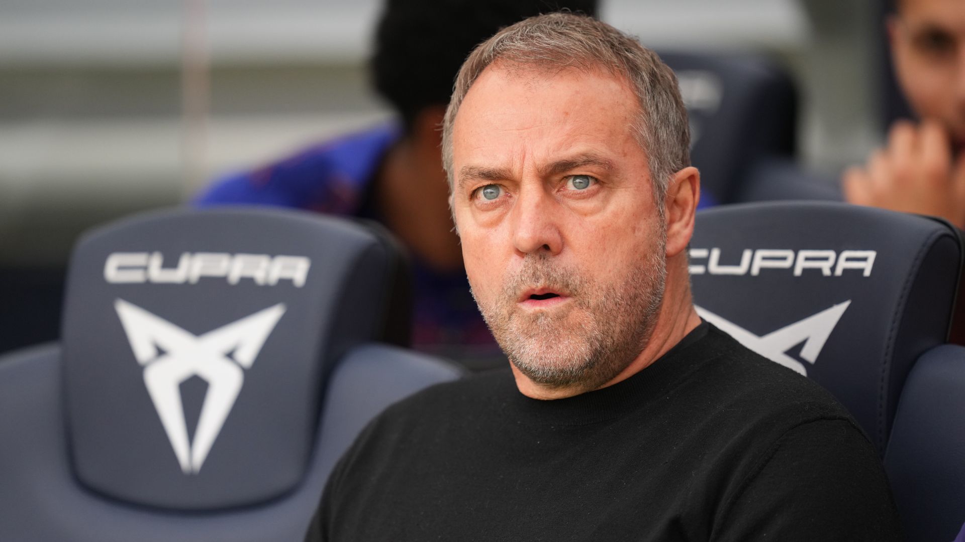 Hansi Flick, Head Coach of FC Barcelona, looks on prior to the LaLiga EA Sports match between FC Barcelona and RCD Espanyol de Barcelona at Spotify Camp Nou on April 11, 2026 in Barcelona, Spain.