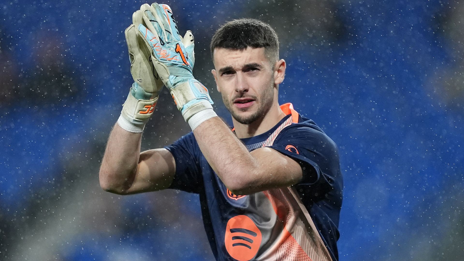 Joan Garcia of FC Barcelona warms up prior to the LaLiga EA Sports match between Real Sociedad and FC Barcelona at Estadio Anoeta on January 18, 2026 in San Sebastian, Spain.