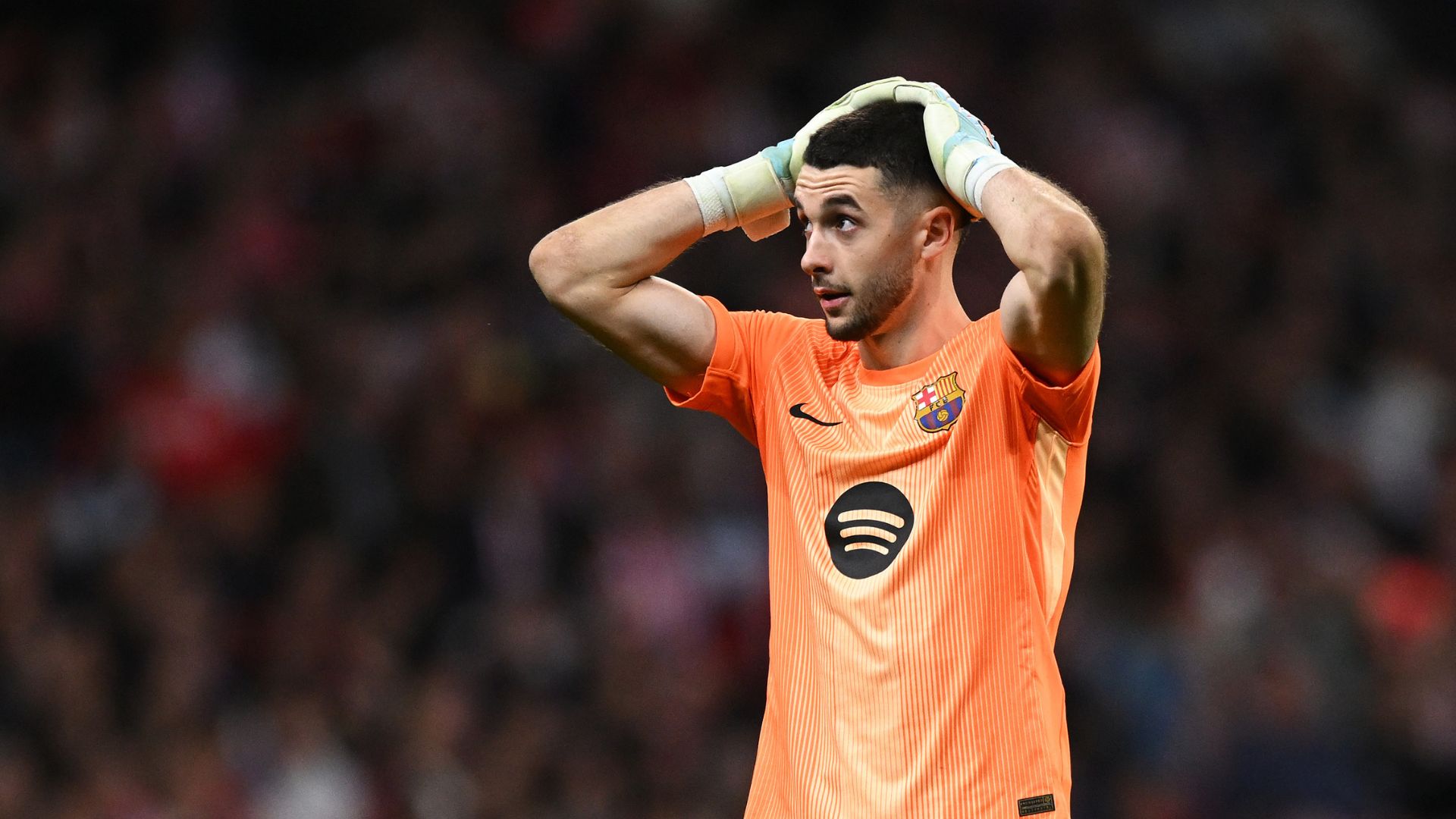 MADRID, SPAIN - APRIL 14: Joan Garcia of FC Barcelonareacts during the UEFA Champions League 2025/26 Quarter-Final Second Leg match between Club Atlético de Madrid and FC Barcelona at on April 14, 2026 in Madrid, Spain.