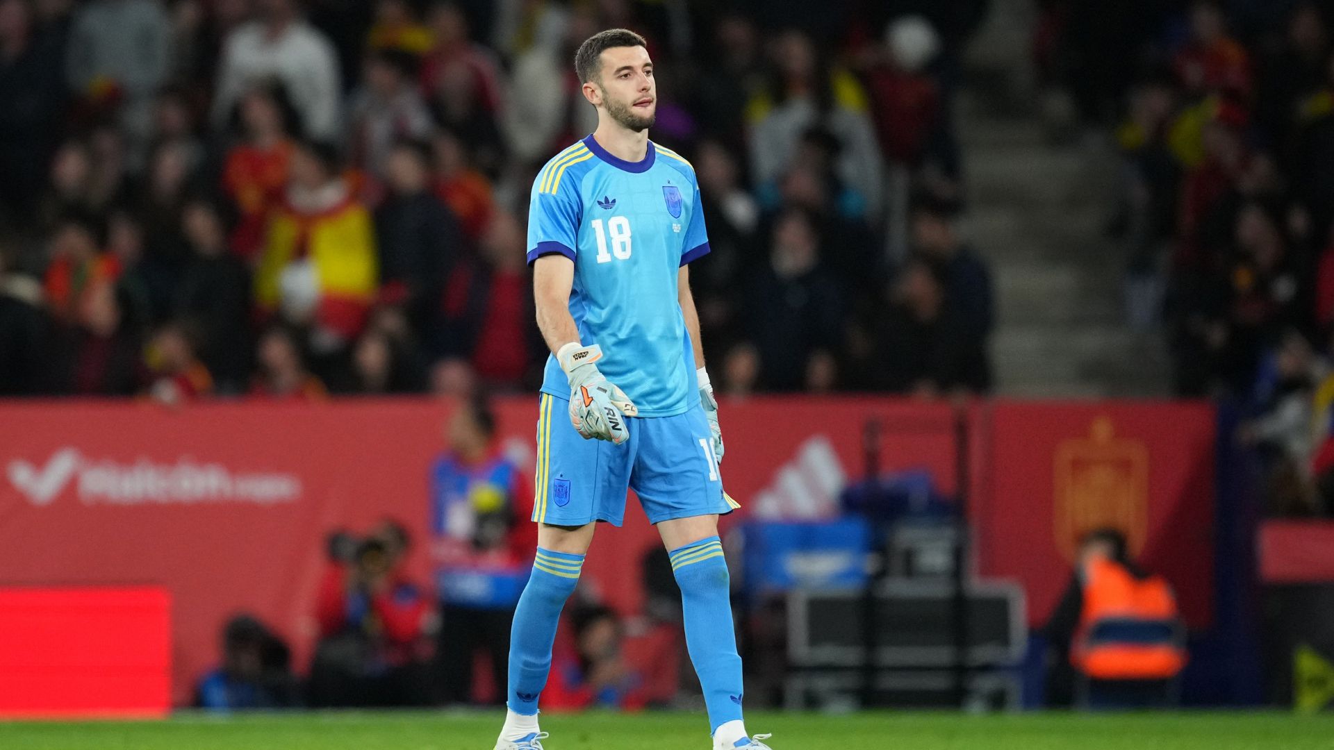 Joan Garcia of Spain looks on during an international friendly match between Spain and Egypt at RCDE Stadium on March 31, 2026 in Barcelona, Spain.