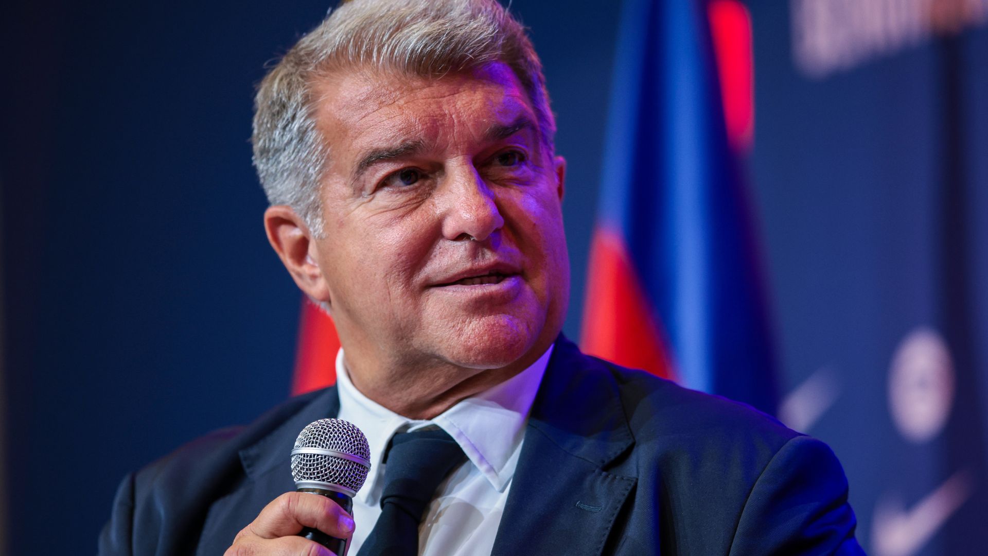 FC Barcelona President Joan Laporta faces the media during the unveiled of Hansi Flick as new FC Barcelona Coach at Spotify Camp Nou on July 25, 2024 in Barcelona, Spain.