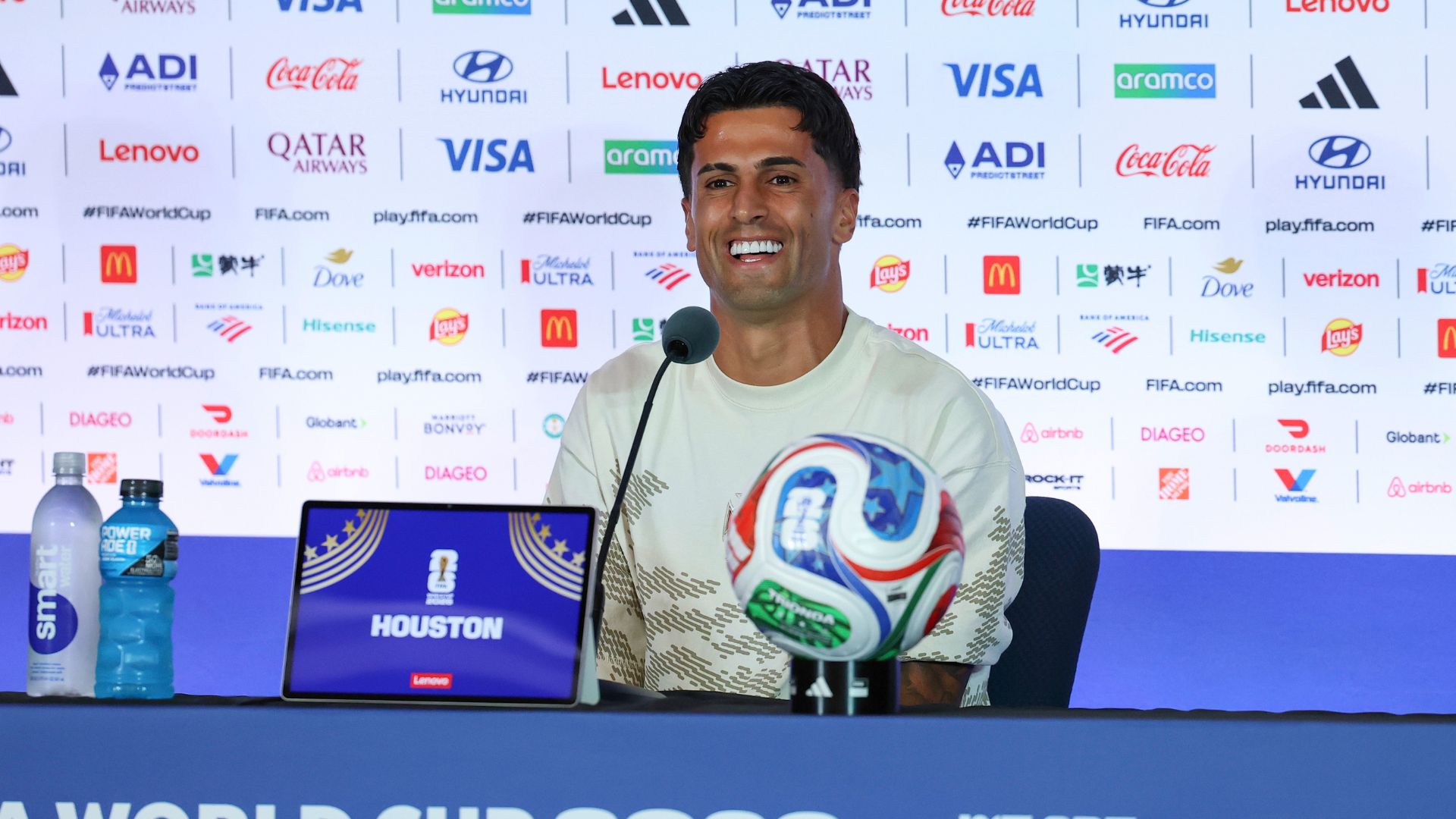 Joao Cancelo #20 of Portugal speaks during the press conference of Portugal one day ahead of the FIFA World Cup 2026 Group K match between Portugal and Uzbekistan at Houston Stadium on June 22, 2026 in Houston, Texas.