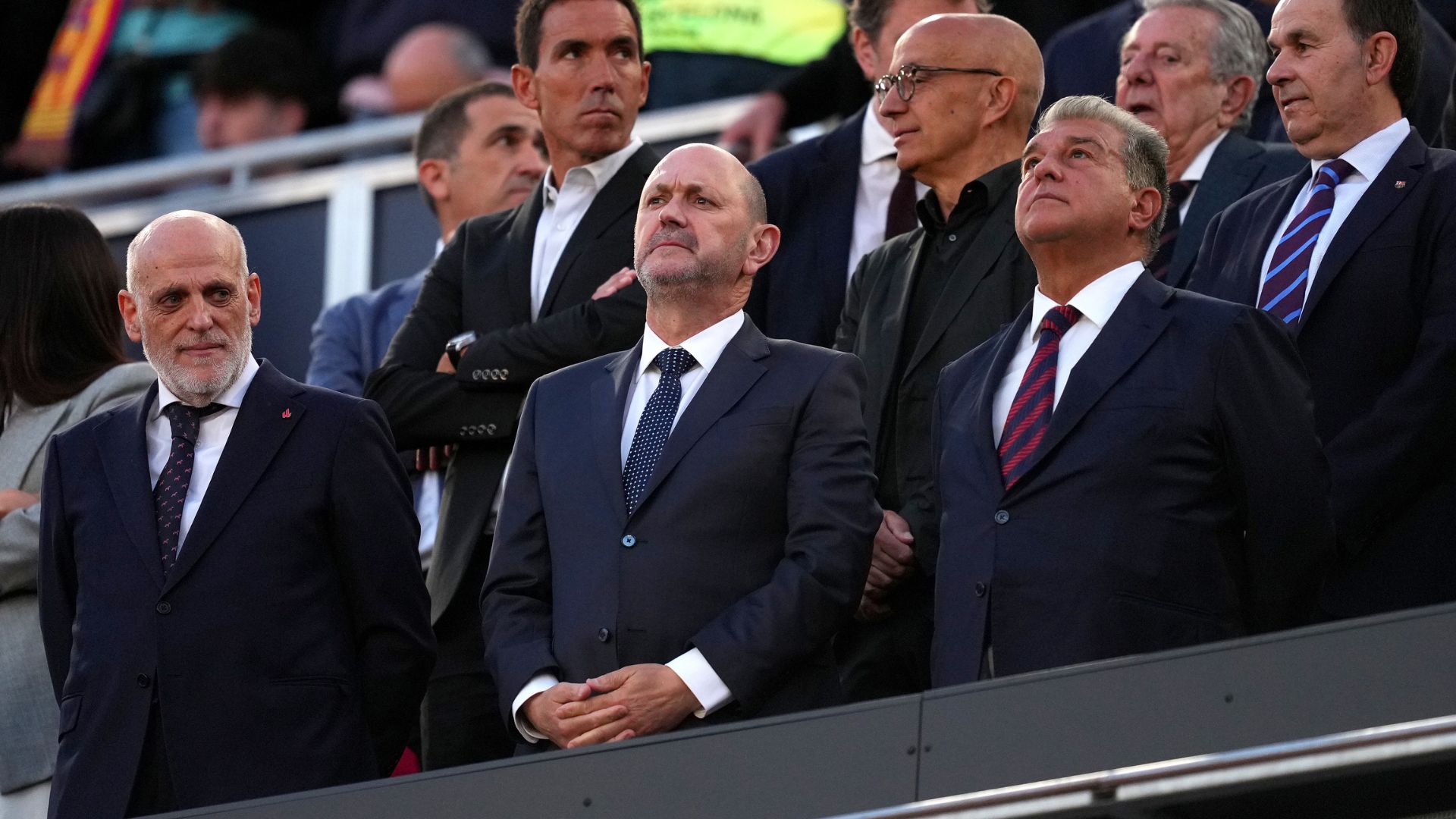 President of LaLiga EA Sport Javier Tebas, President of the Spanish Football Association RFEF Rafael Louzan and President Elected of FC Barcelona Joan Laporta look on prior to the LaLiga EA Sports match between FC Barcelona and Real Madrid CF at Spotify Camp Nou on May 10, 2026 in Barcelona, Spain.