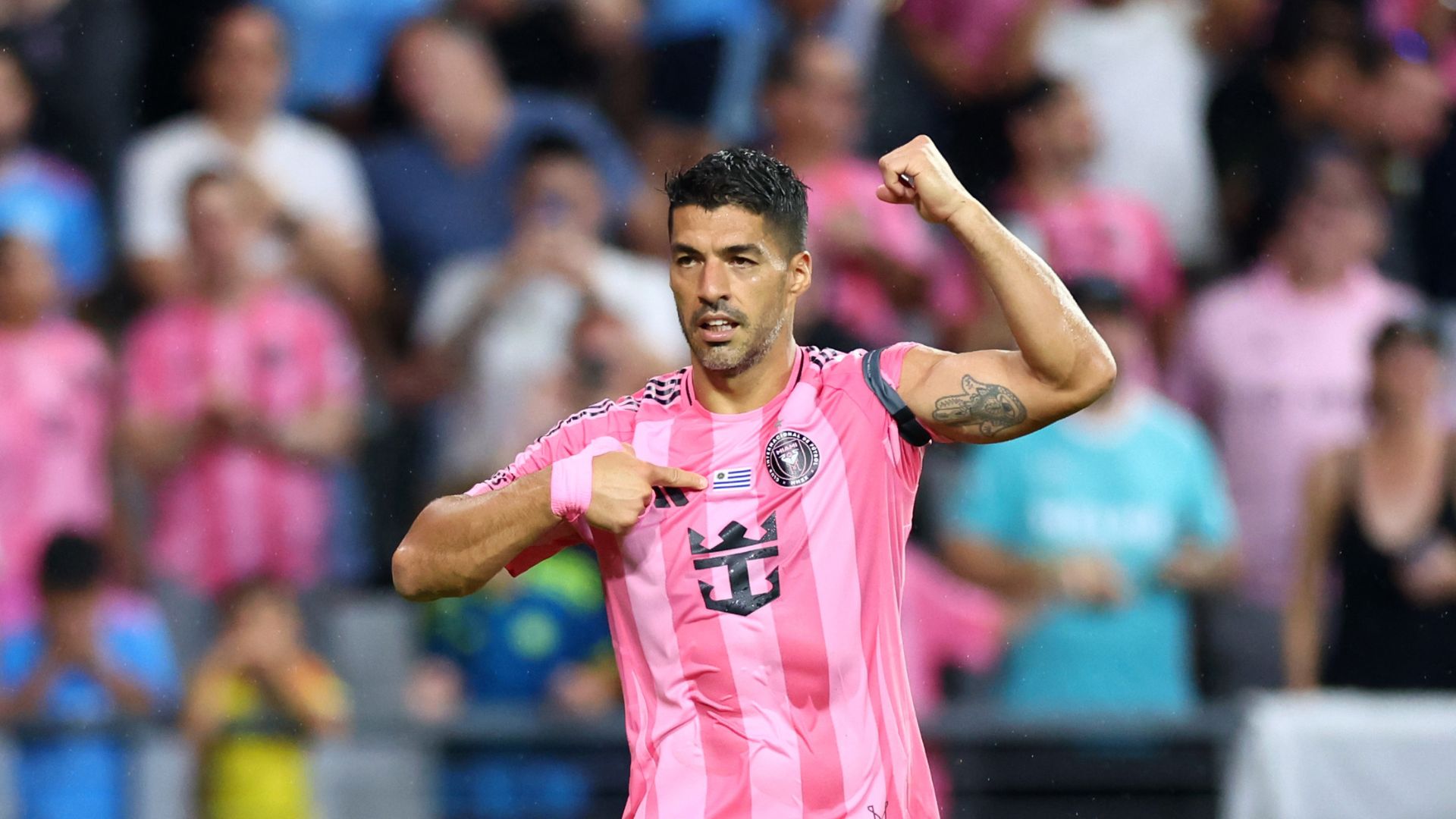 MIAMI, FLORIDA - MAY 24: Luis Suárez #9 of Inter Miami CF celebrates after scoring his team's fifth goal during the MLS match between Inter Miami CF and Philadelphia Union at Nu Stadium on May 24, 2026 in Miami, Florida.
