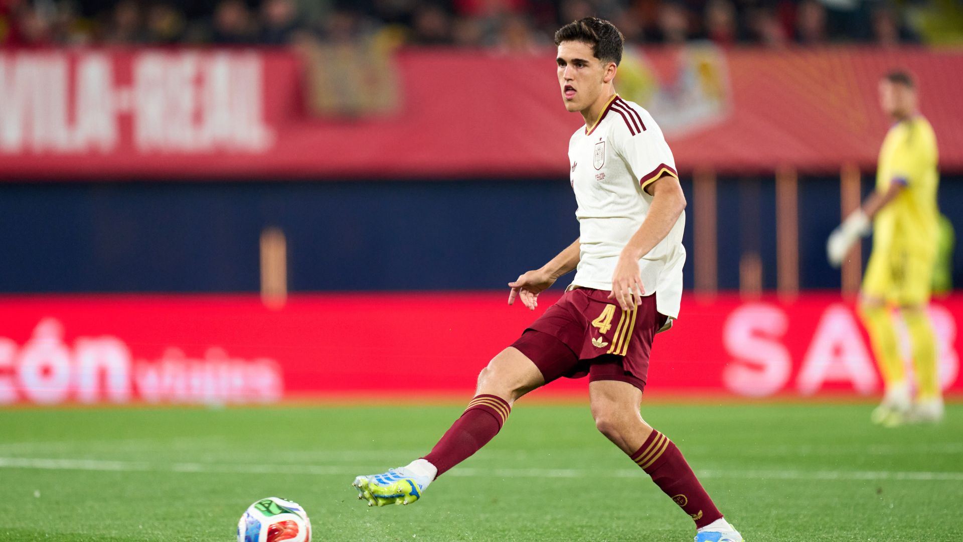 Pau Cubarsi of Spain passes the ball during the International Friendly match between Spain and Serbia at Estadio de la Ceramica on March 27, 2026 in Villarreal, Spain.