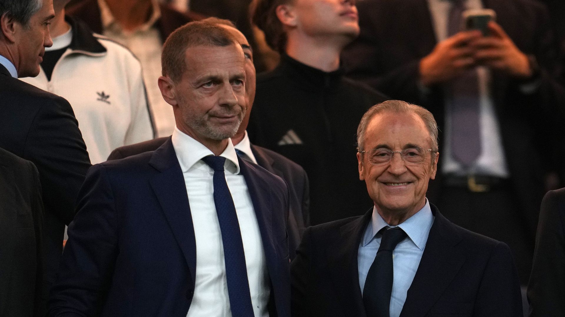 Aleksander Ceferin, President of UEFA, and Florentino Perez, President of Real Madrid, are seen in attendance prior to the UEFA Champions League 2025/26 Quarter-Final First Leg match between Real Madrid CF and FC Bayern München at Estadio Santiago Bernabeu on April 07, 2026 in Madrid, Spain.
