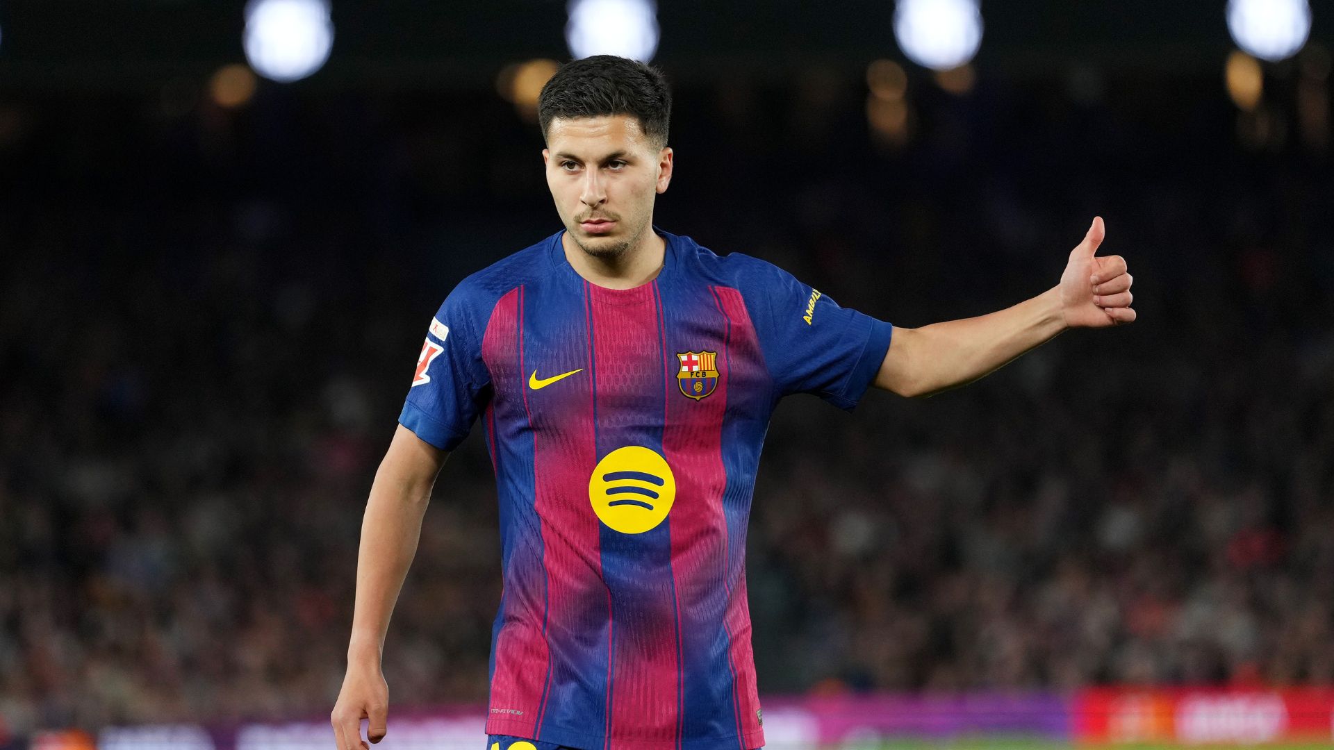 Roony Bardghji of FC Barcelona gives a thumbs up during the LaLiga EA Sports match between FC Barcelona and RC Celta de Vigo at Spotify Camp Nou on April 22, 2026 in Barcelona, Spain.