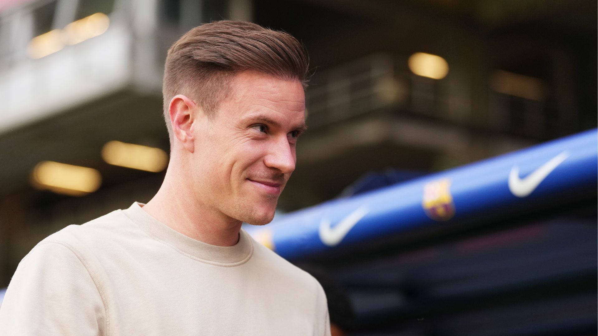 Marc-Andre ter Stegen of FC Barcelona looks on prior to the LaLiga EA Sports match between FC Barcelona and Girona FC at Spotify Camp Nou on October 18, 2025 in Barcelona, Spain.