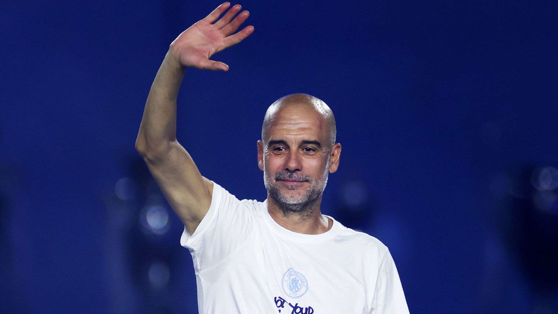 MANCHESTER, ENGLAND - MAY 25: Pep Guardiola, Manager of Manchester City, waves during the After Party Celebration to mark the achievements of Manchester City men’s, women’s and academy teams during the 25/26 season at The Co-op Live Arena on May 25, 2026 in Manchester, England.