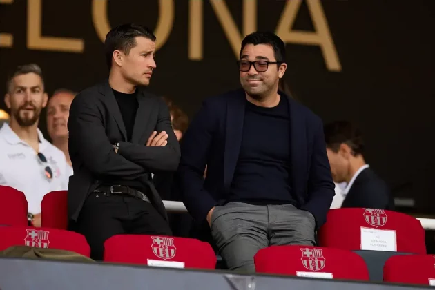 May 19, 2024, Barcelona, Spain: BARCELONA, SPAIN - MAY 19: .Deco and Bojan Krkic of FC Barcelona during the Liga EA Sports match between FC Barcelona and Rayo Vallecano at the Estadi Olimpic Lluis Companys on May 19, 2024 in Barcelona, Spain.