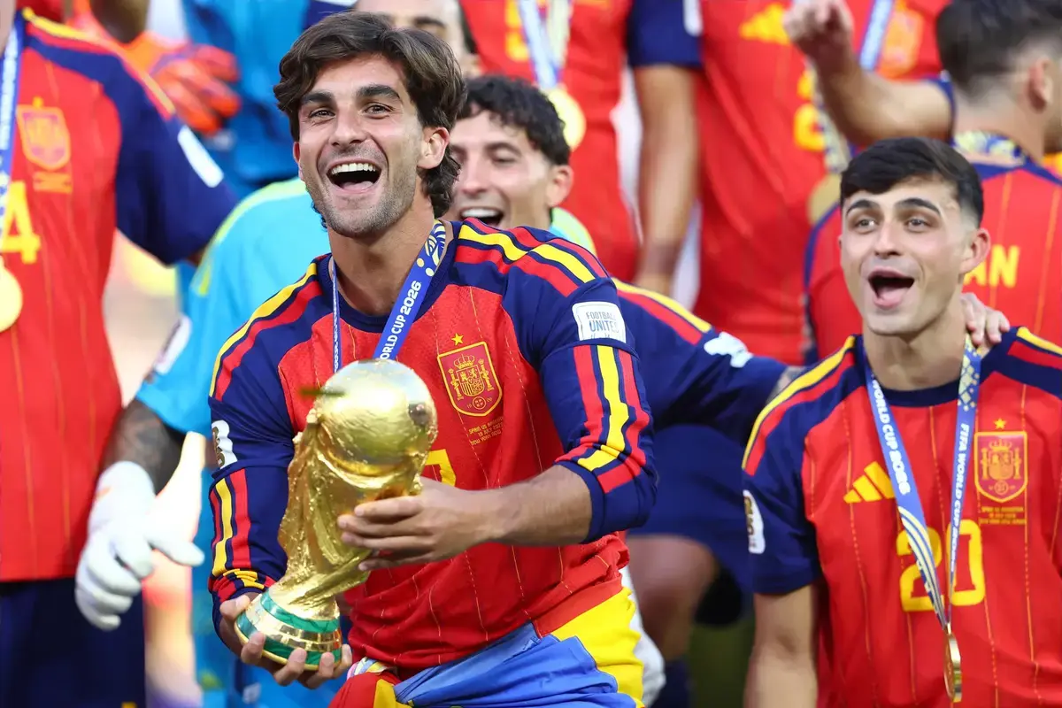 New Jersey, USA, 19th July 2026. Ferran Torres of Spain with the trophy after the Spain vs Argentina FIFA World Cup final match at the Metlife Stadium, New Jersey.