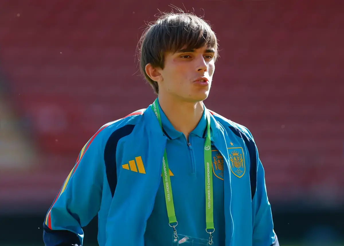 Wrexham, Wales, 11th July 2026. Andres Cuenca of Spain inspects the pitch ahead of the Spain U19 vs Germany U19 UEFA European U19 Championship Final match at The Racecourse, Wrexham.
