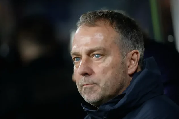 Hansi Flick manager of Barcelona at kick off during the Champions League match between Newcastle United and Barcelona at St. James's Park, Newcastle, UK on 10 March 2026.