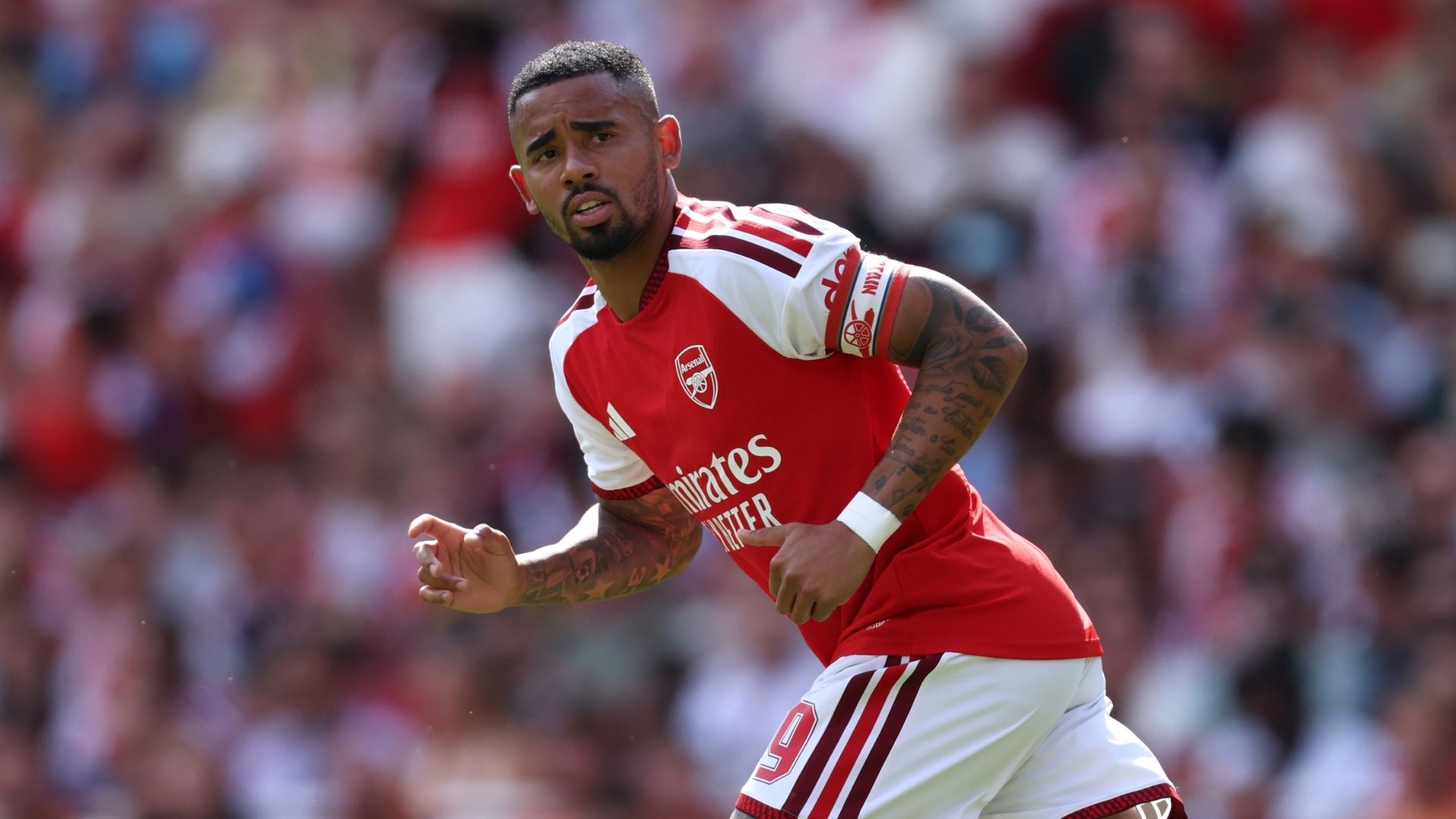 LONDON, ENGLAND - AUGUST 09: Gabriel Jesus of Arsenal during the pre-season friendly match between Arsenal FC and Borussia Dortmund at Emirates Stadium on August 09, 2026 in London, England.