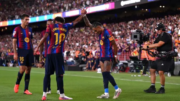 BARCELONA, SPAIN - AUGUST 31: Raphinha of Barcelona celebrates scoring his team’s fourth goal with teammate Lamine Yamal during the LaLiga EA Sports 2026/27 match between FC Barcelona and Rayo Vallecano de Madrid at Spotify Camp Nou on August 31, 2026 in Barcelona, Spain.