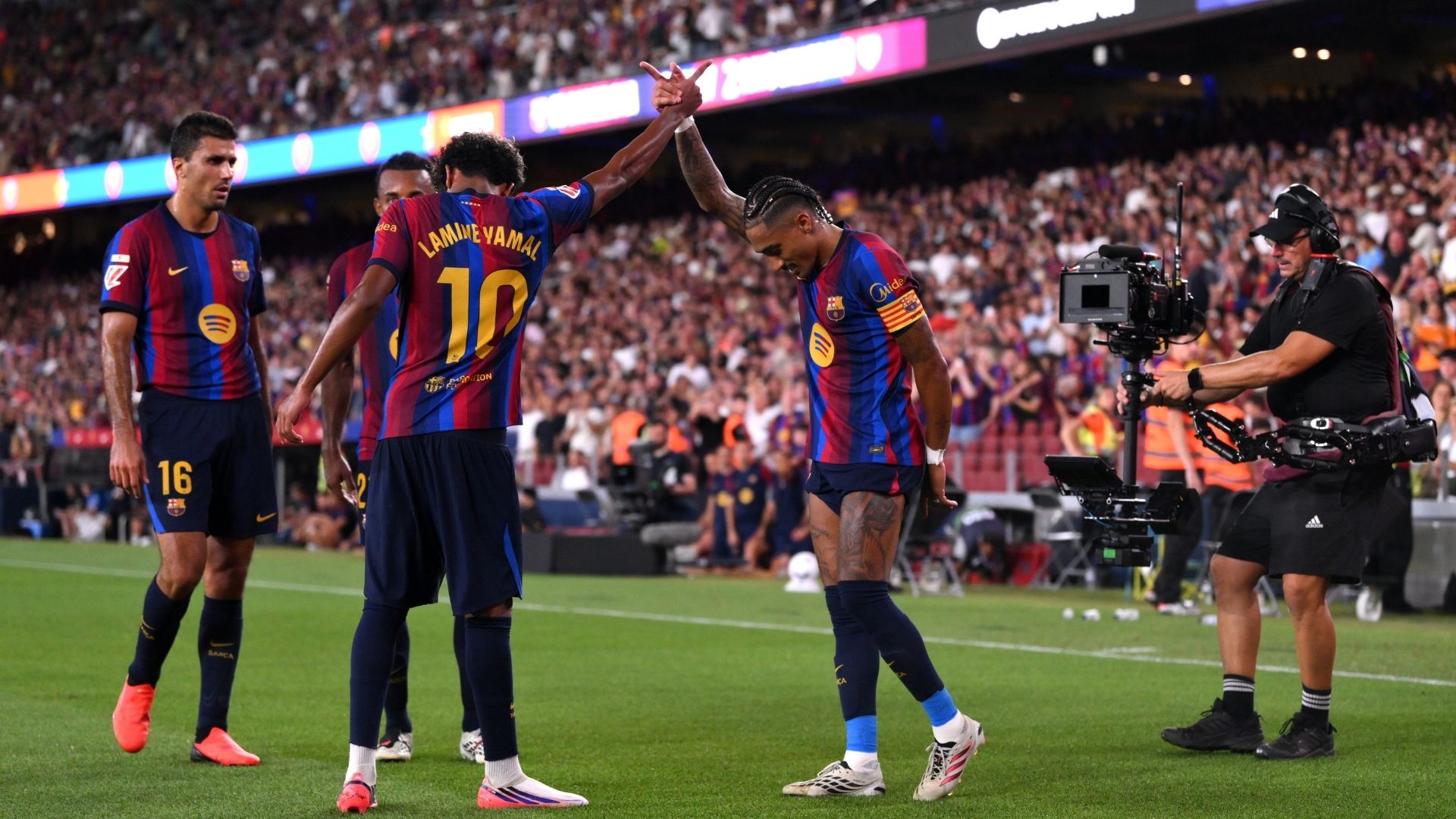 BARCELONA, SPAIN - AUGUST 31: Raphinha of Barcelona celebrates scoring his team’s fourth goal with teammate Lamine Yamal during the LaLiga EA Sports 2026/27 match between FC Barcelona and Rayo Vallecano de Madrid at Spotify Camp Nou on August 31, 2026 in Barcelona, Spain.