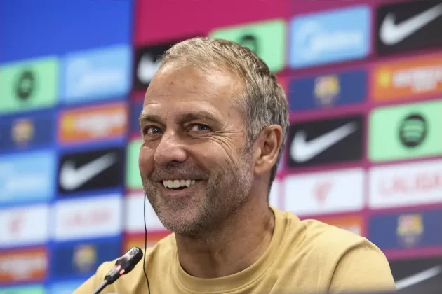 August 22, 2026, Sant Joan Despi, Barcelona, Spain: Hansi Flick, head coach of FC Barcelona, attends his press conference during the training day of FC Barcelona ahead the Spanish League, LaLiga EA Sports, football match against Elche CF at Ciudad Esportiva Joan Gamper on August 22, 2026 in Sant Joan Despi, Barcelona, Spain.