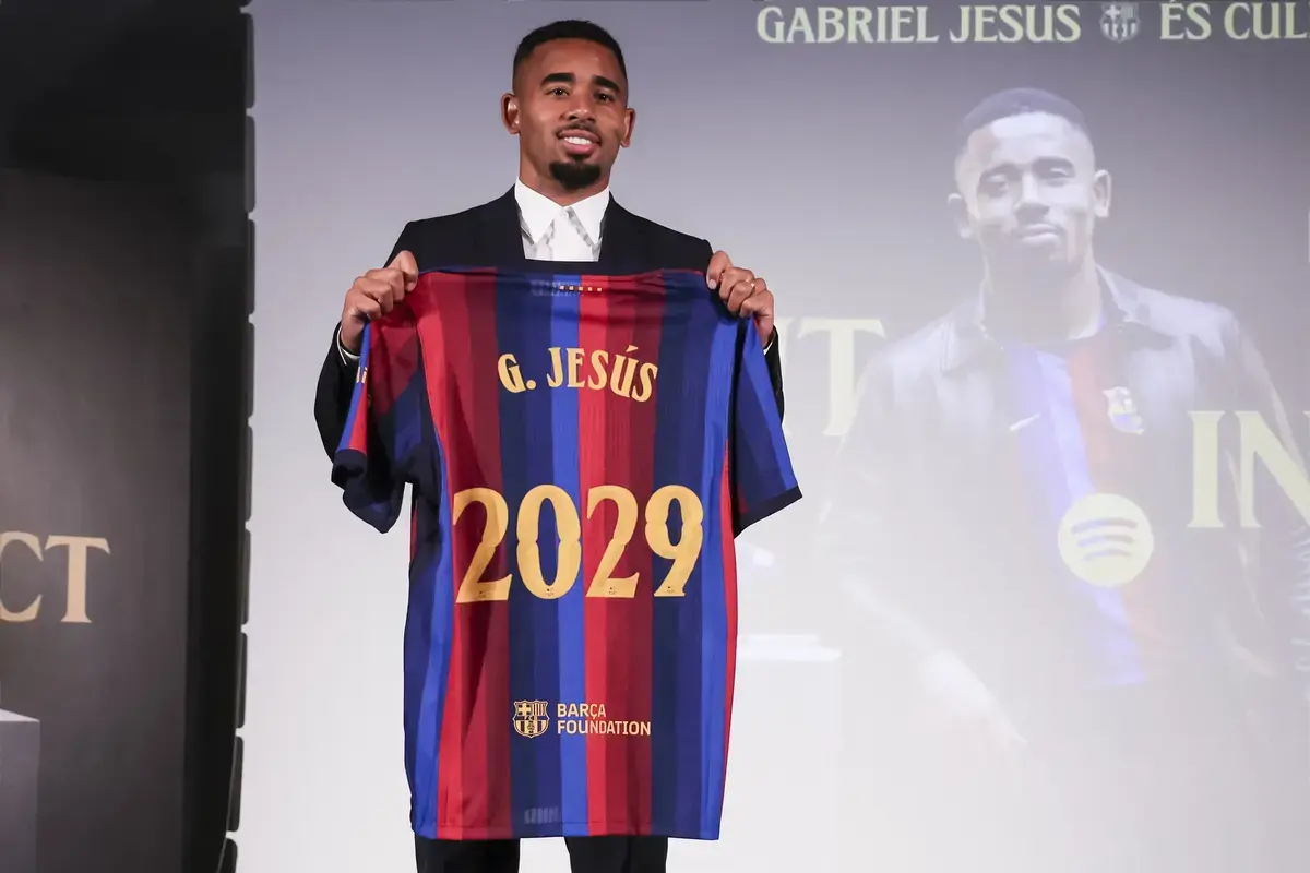 September 1, 2026, Barcelona, Barcelona, SPAIN: Gabriel Jesus poses with an FC Barcelona shirt during his presentation as new player of FC Barcelona at Commercial Office on September 01, 2026 in Barcelona, Spain.