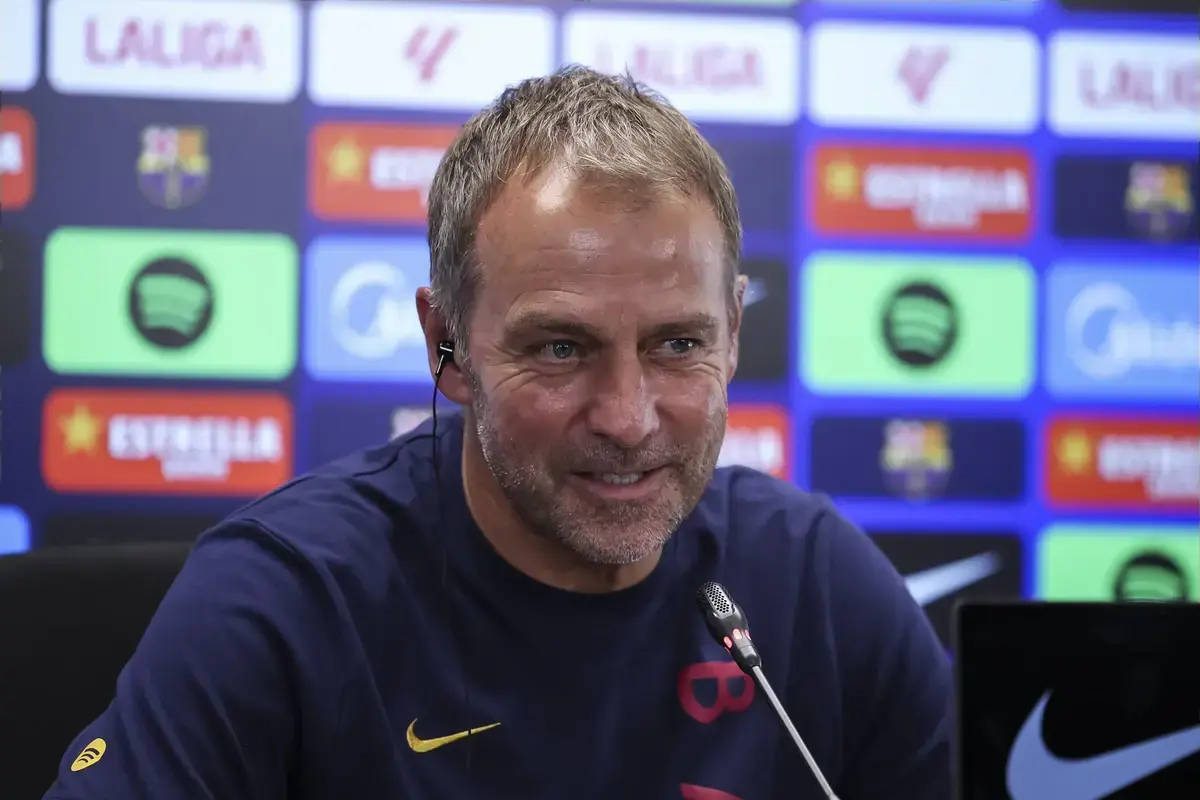 September 12, 2026, Sant Joan Despi, Barcelona, Spain: Hansi Flick, head coach of FC Barcelona, attends his press conference during the training day of FC Barcelona ahead the Spanish League, LaLiga EA Sports, football match against Levante UD at Ciudad Esportiva Joan Gamper on September 12, 2026 in Sant Joan Despi, Barcelona, Spain.
